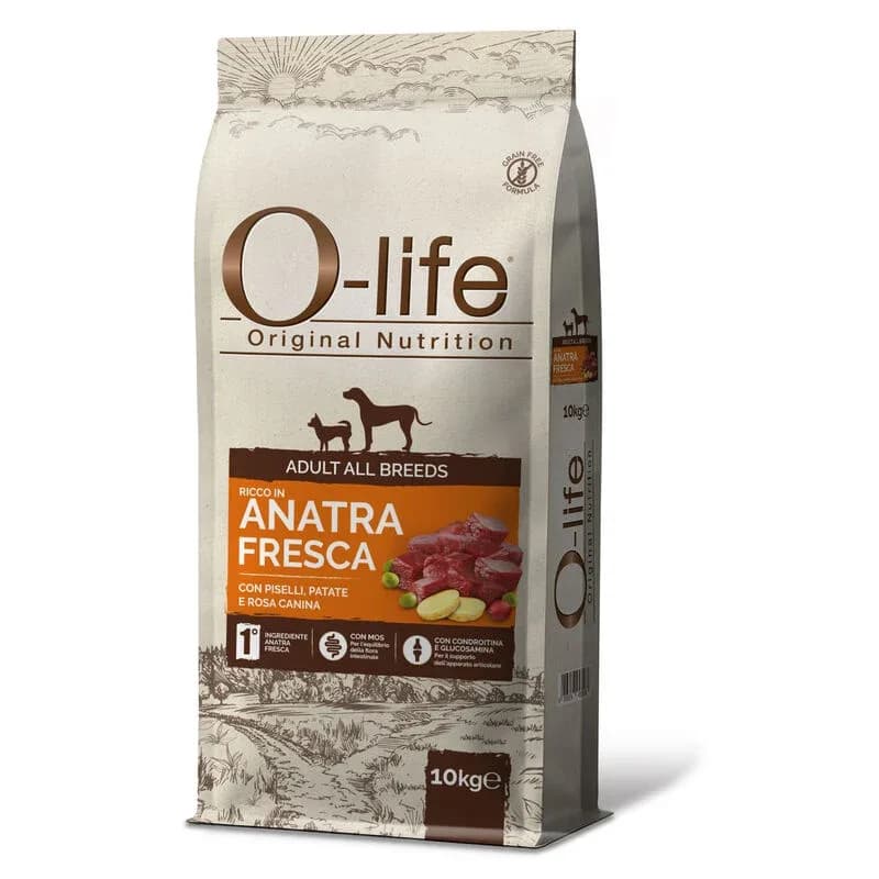 O-life Dog All breeds ricco in Anatra fresca con piselli, patate e rosa canina
