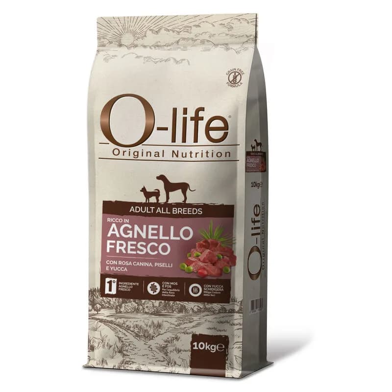 O-life Dog All breeds ricco in Agnello fresco con rosa canina piselli e yucca