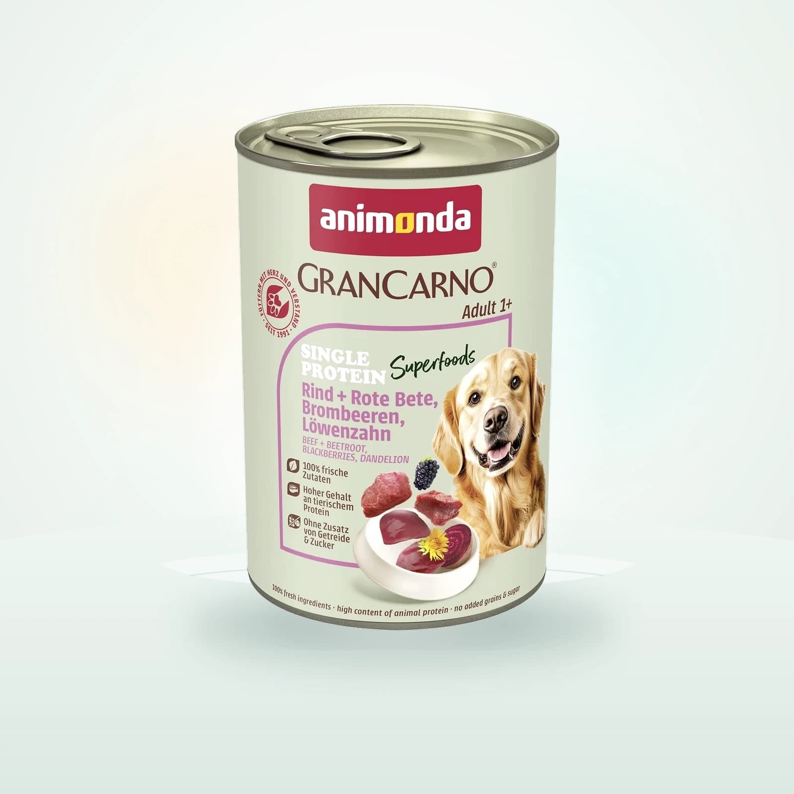 Animonda GranCarno Single Protein Superfoods Nassfutter Hund Adult, Rind und Rote Bete, Brombeeren, Löwenzahn