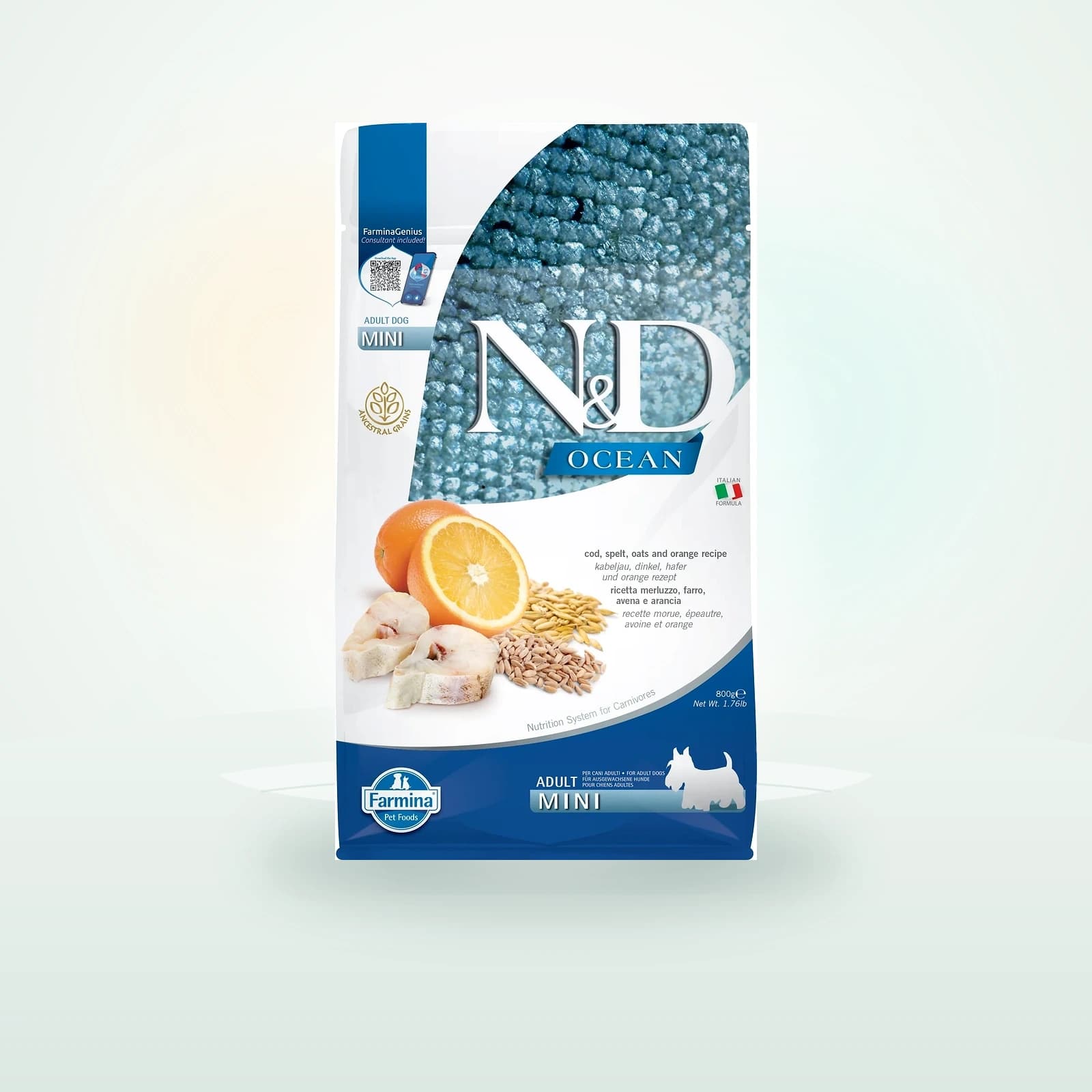 Farmina N&D Ocean Adult Mini codfish, spelt, oats, orange z dorszem, sucha karma dla psów małych ras