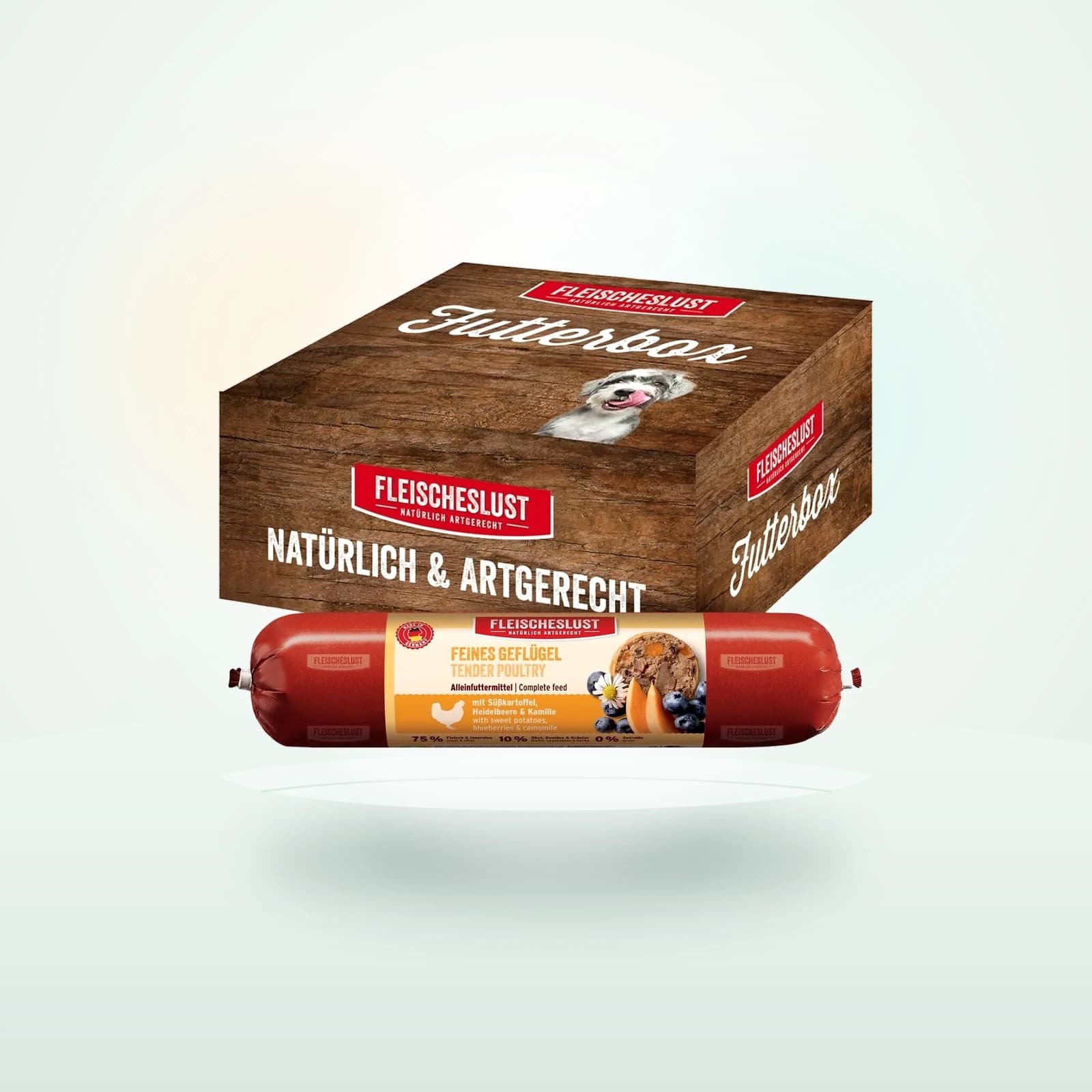Fleischeslust Nassfutter Hund Adult Futterbox Geflügel, Heidelbeere, Süßkartoffel & Kamille