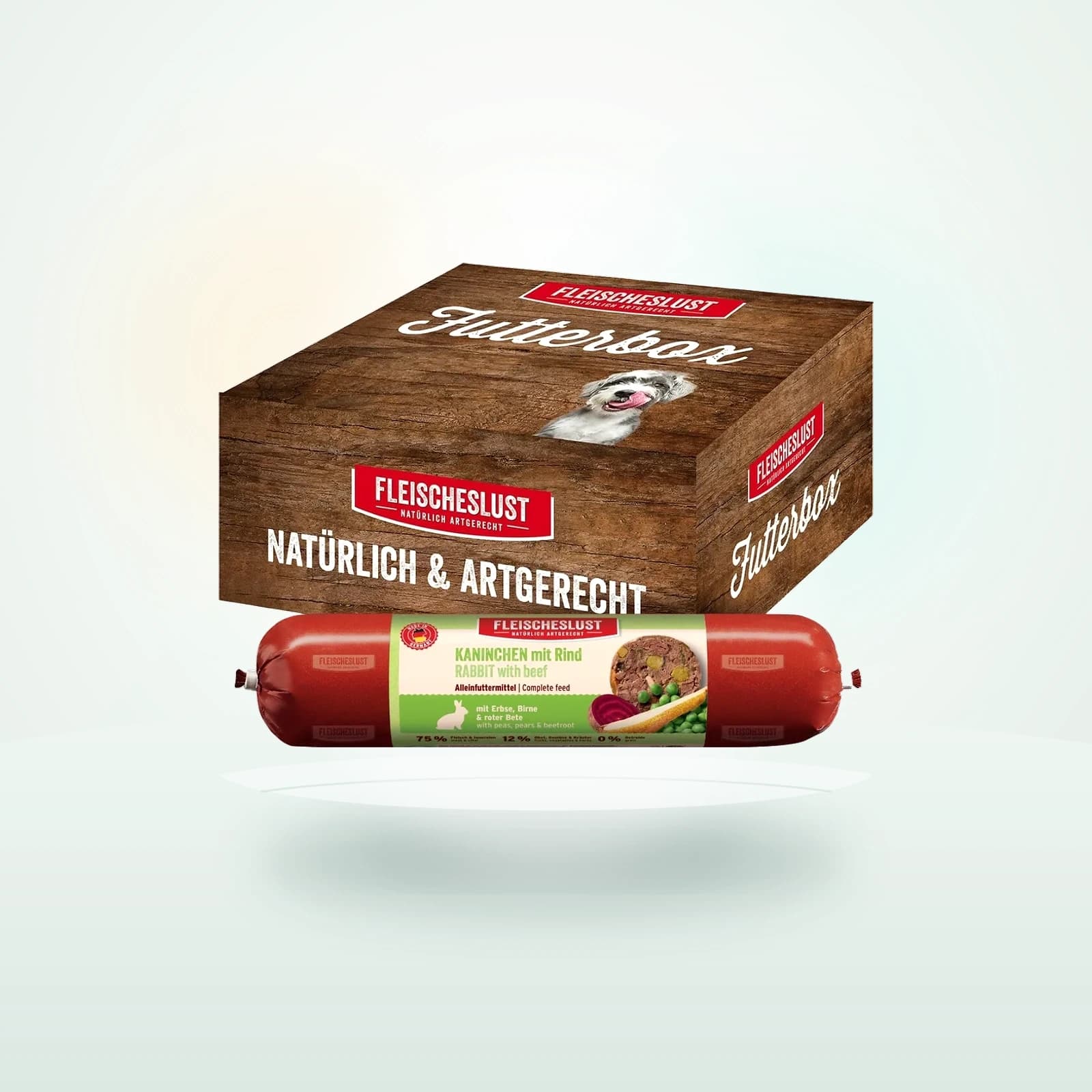 Fleischeslust Nassfutter Hund Adult Futterbox Kaninchen, Rind, Erbse, Birne & rote Bete