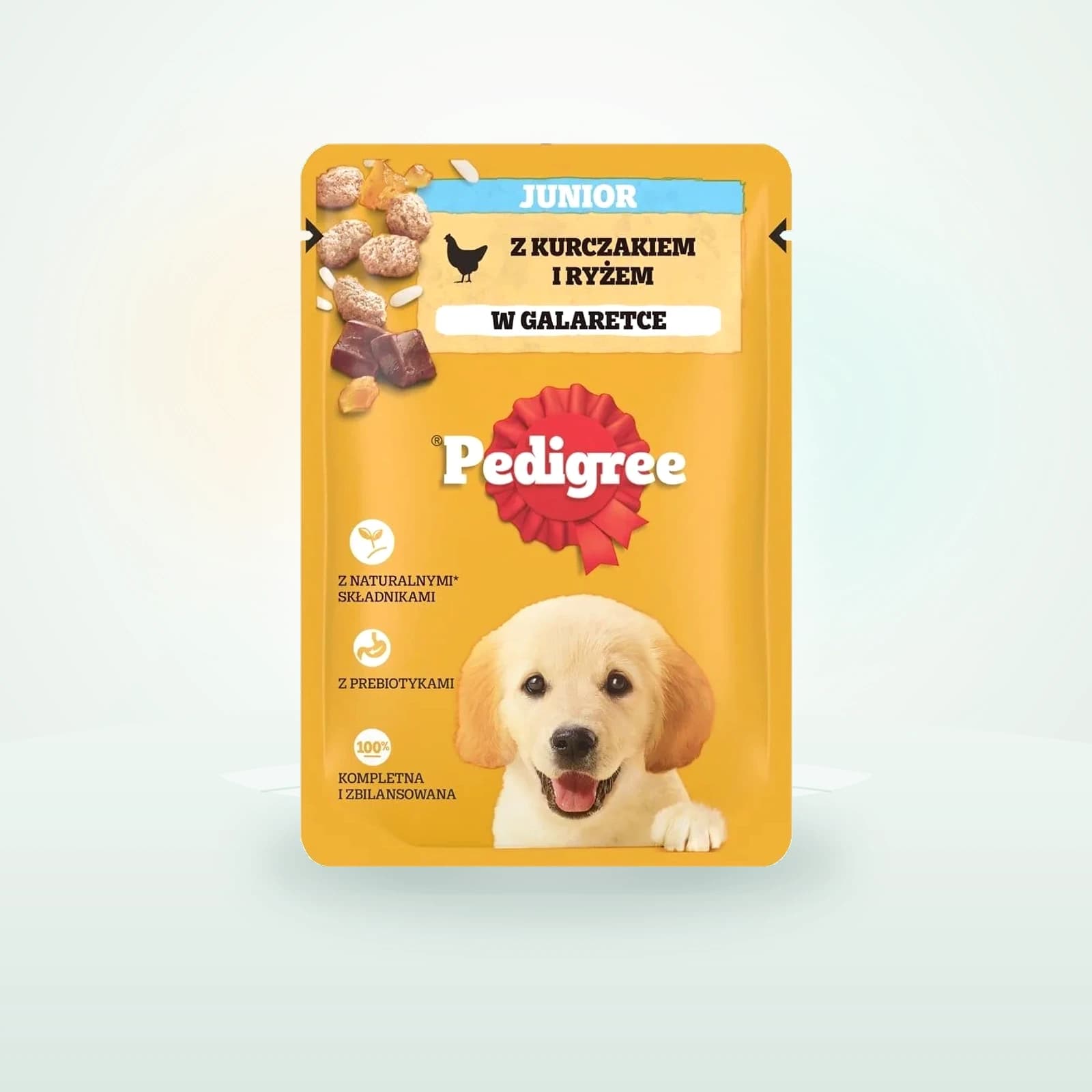 Pedigree Junior saszetka mokra karma pełnoporcjowa dla szczeniąt, kawałki bogate w kurczaka z ryżem, w galaretce