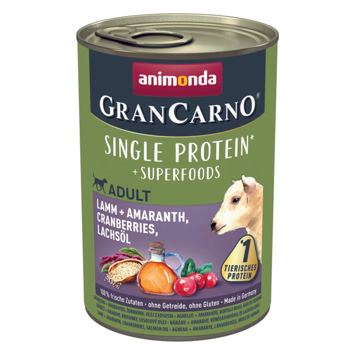 Animonda GranCarno Single Protein Superfoods Nassfutter Hund Adult, Lamm und Amaranth, Cranberries, Lachsöl