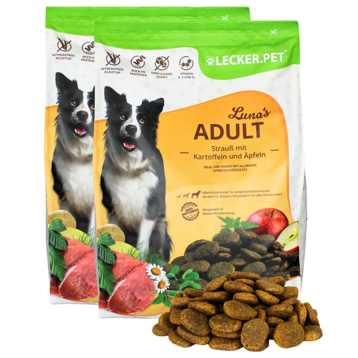 Lyra Pet Lecker.Pet Luna's Adult Strauß mit Kartoffel & Apfel Hundefutter Trockenfutter Vollnahrung