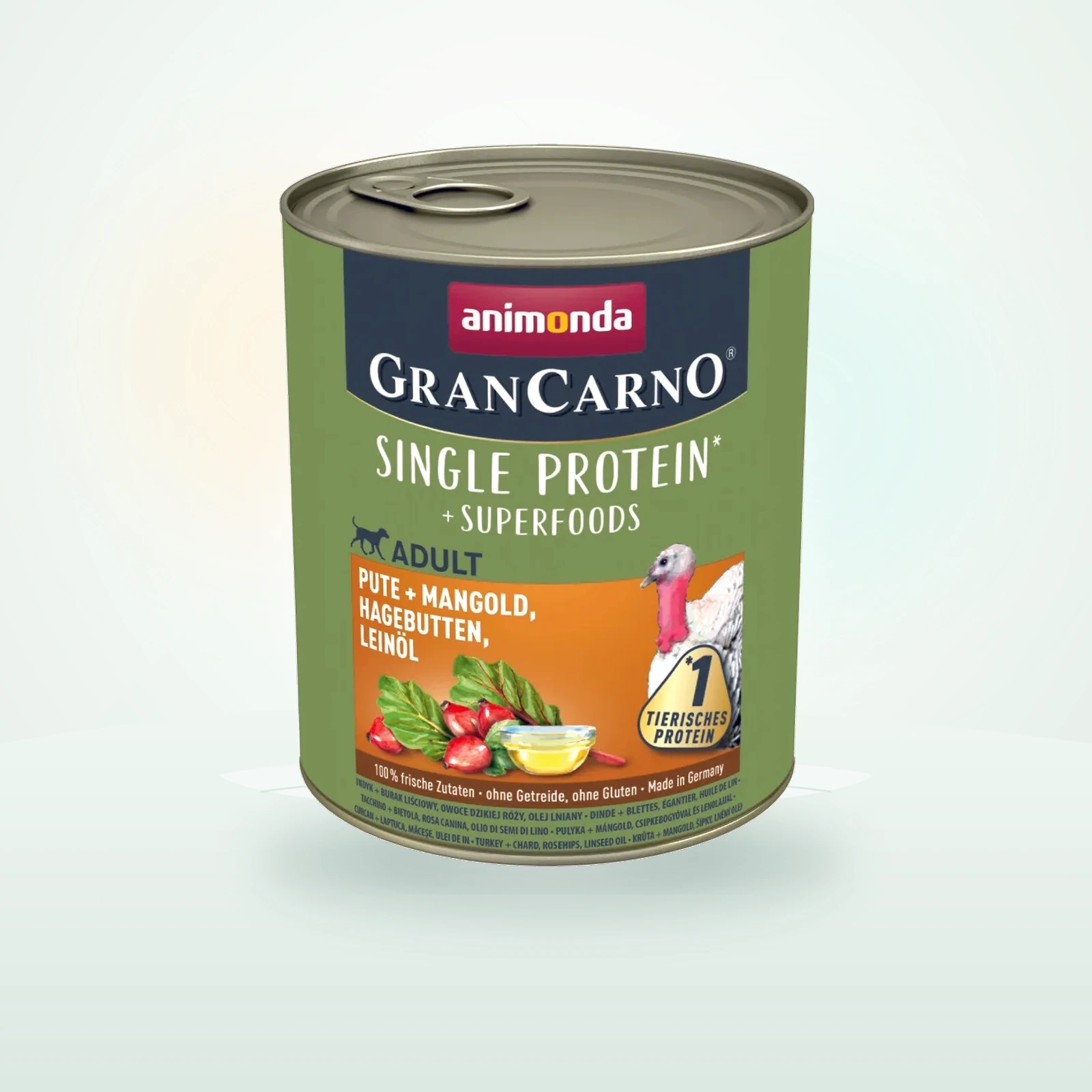Animonda GranCarno Single Protein Superfoods Nassfutter Hund Adult, Pute und Mangold, Hagebutten, Leinöl