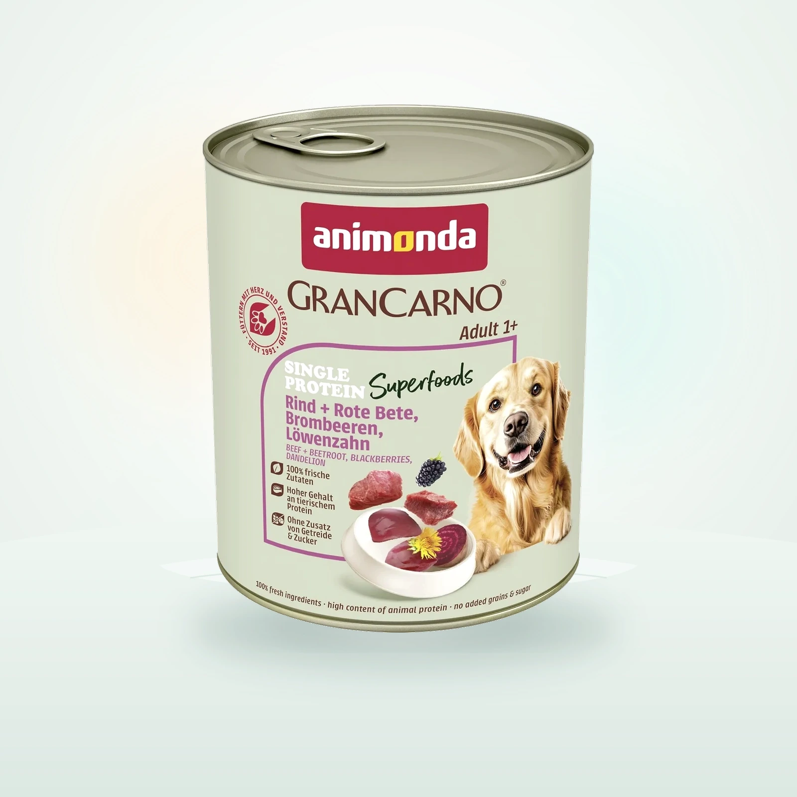 Animonda GranCarno Single Protein Superfoods Nassfutter Hund Adult, Rind und Rote Bete, Brombeeren, Löwenzahn