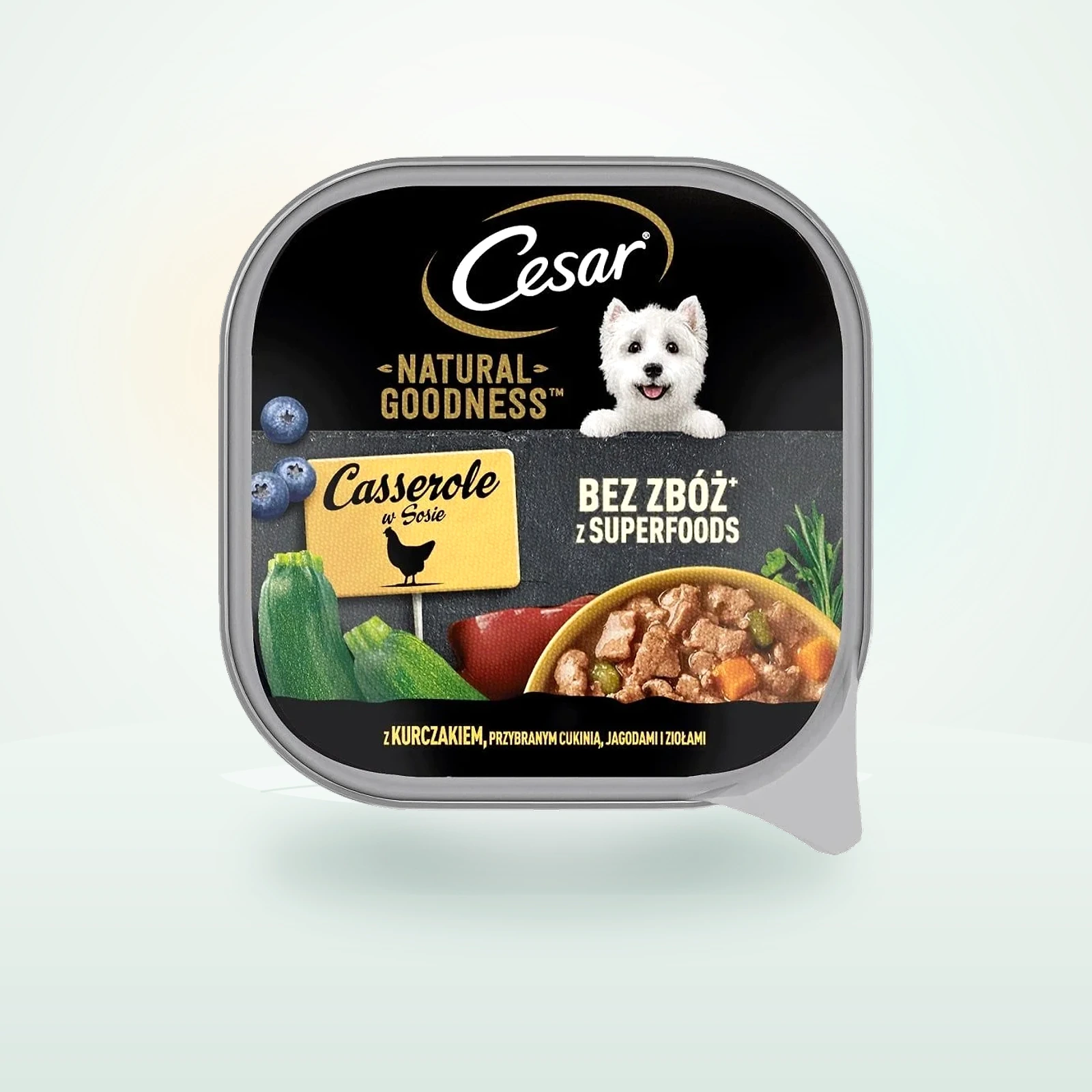Cesar Natural Goodness tacka mokra karma pełnoporcjowa dla dorosłych psów z kurczakiem przybranym cukinią, jagodami i ziołami w sosie