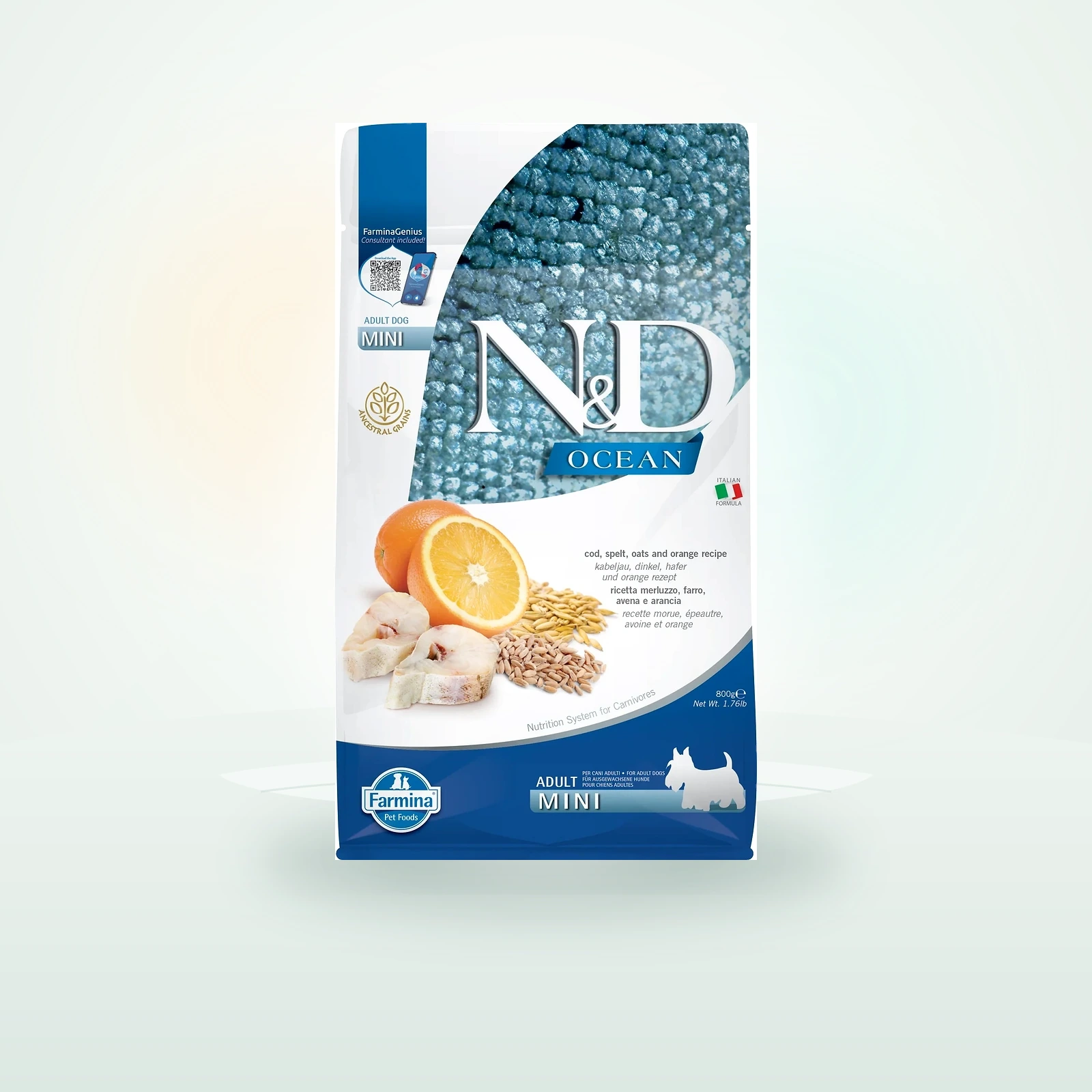 Farmina N&D Ocean Adult Mini codfish, spelt, oats, orange z dorszem, sucha karma dla psów małych ras