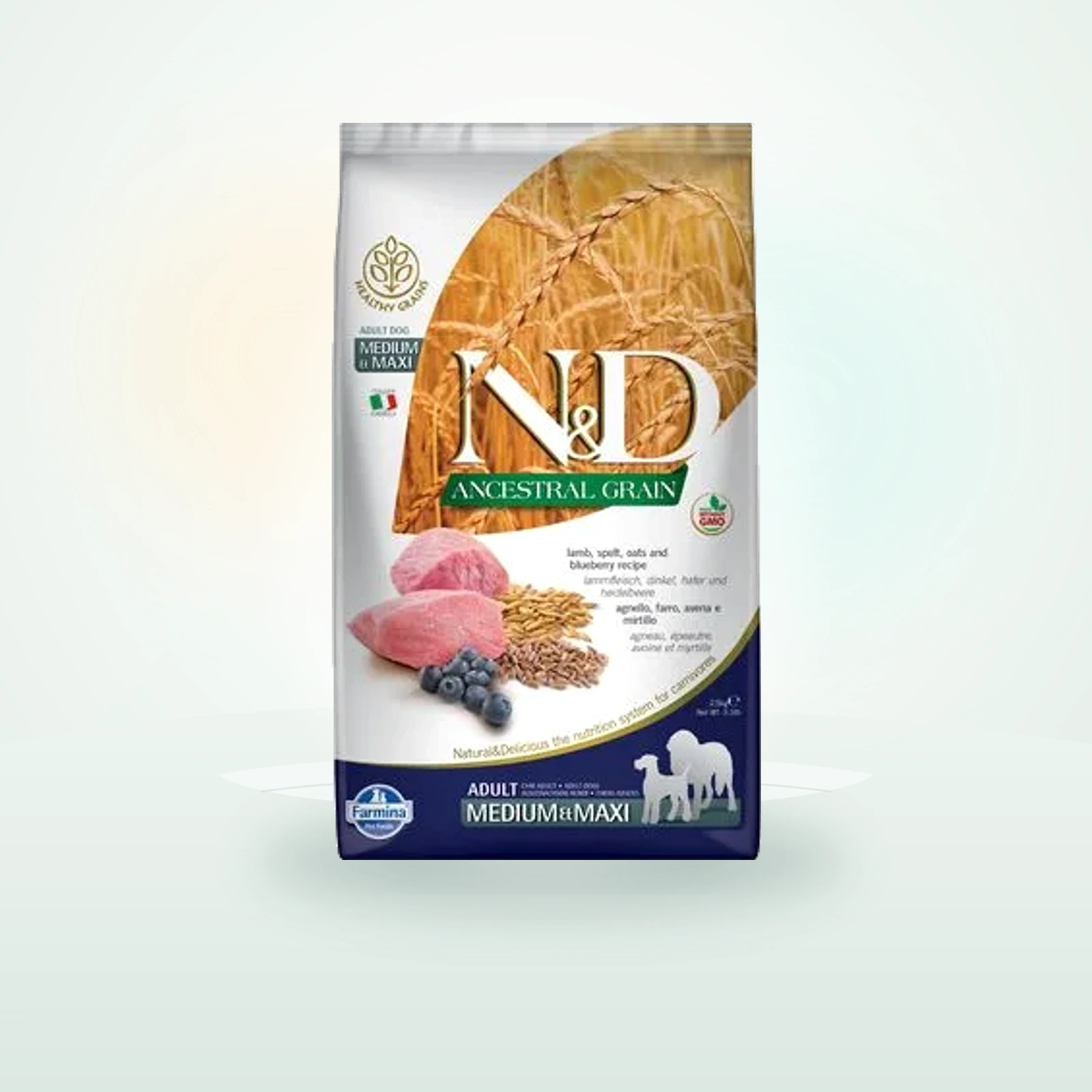 Farmina N&D Ancestral Grain Adult Medium & Maxi agneau, myrtilles pour chien
