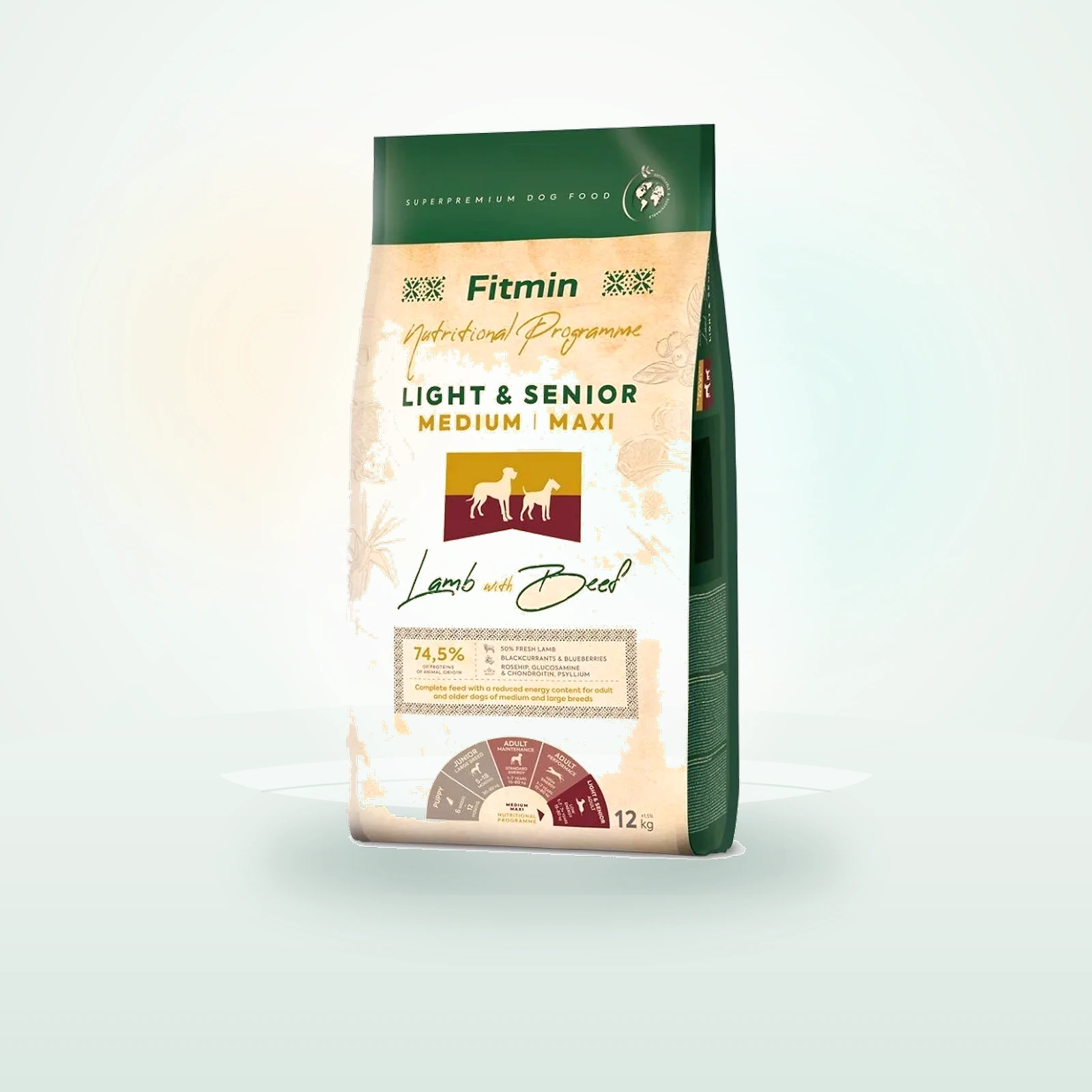 FITMIN Dog Nutritional Programme Medium Maxi Light Senior Lamb&Beef dla starszych psów ras średnich i dużych