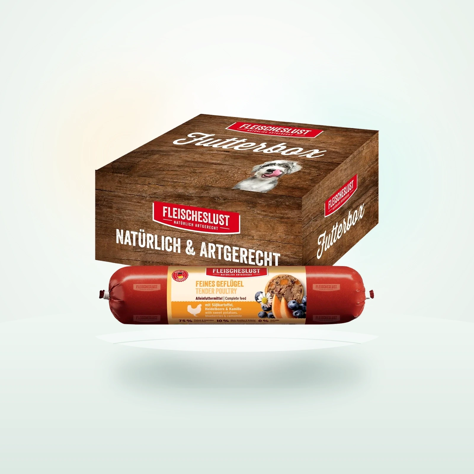 Fleischeslust Nassfutter Hund Adult Futterbox Geflügel, Heidelbeere, Süßkartoffel & Kamille