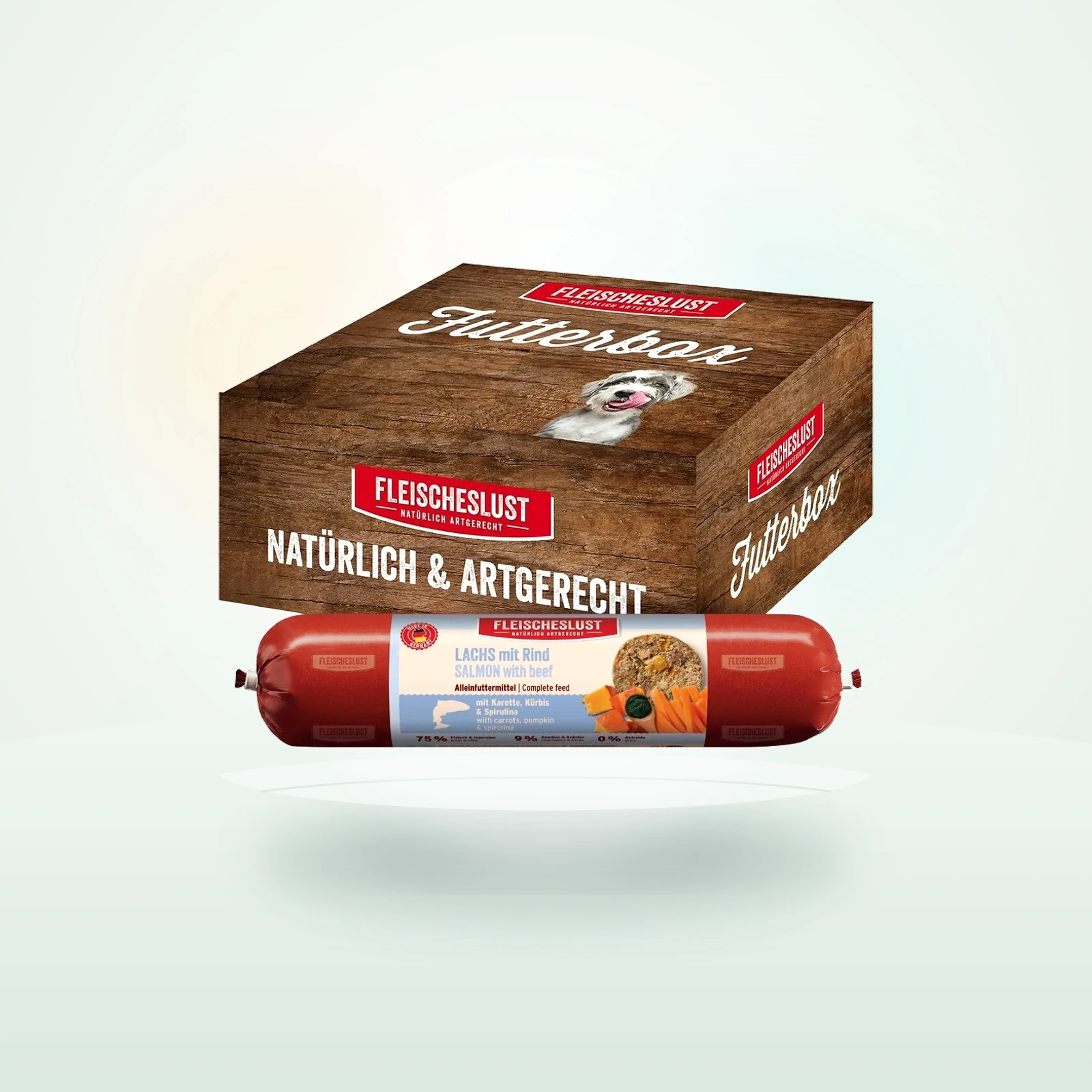 Fleischeslust Nassfutter Hund Adult Futterbox Lachs, Rind, Karotte, Kürbis & Spirulina