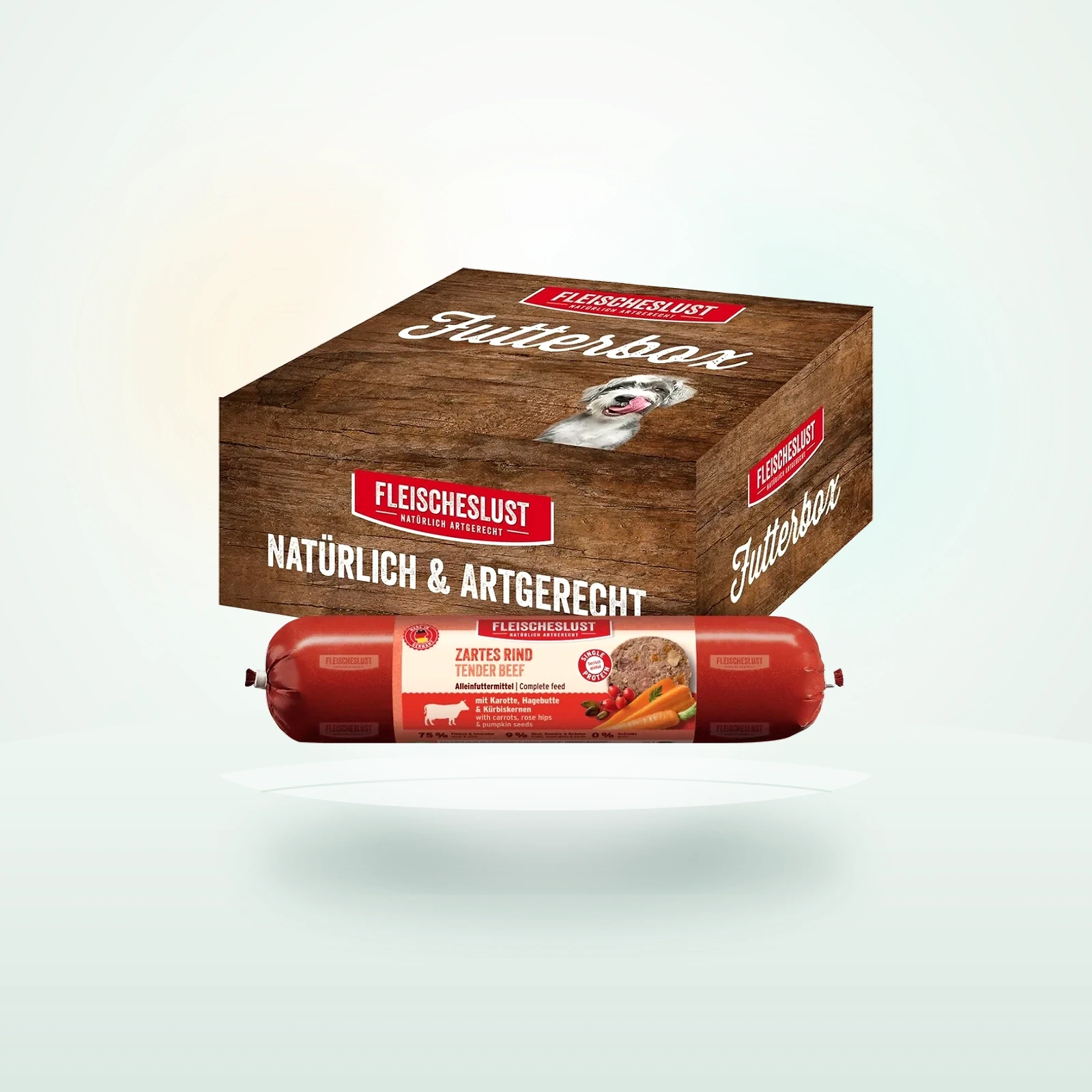 Fleischeslust Nassfutter Hund Adult Futterbox Rind, Karotte, Hagebutte & Kürbiskerne