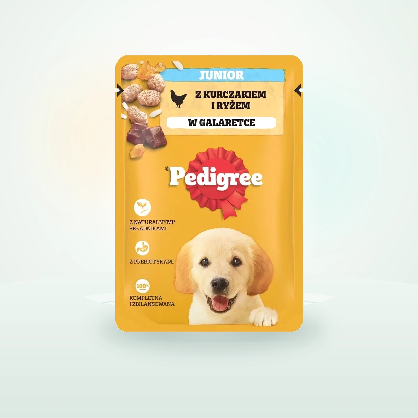 Pedigree Junior saszetka mokra karma pełnoporcjowa dla szczeniąt, kawałki bogate w kurczaka z ryżem, w galaretce