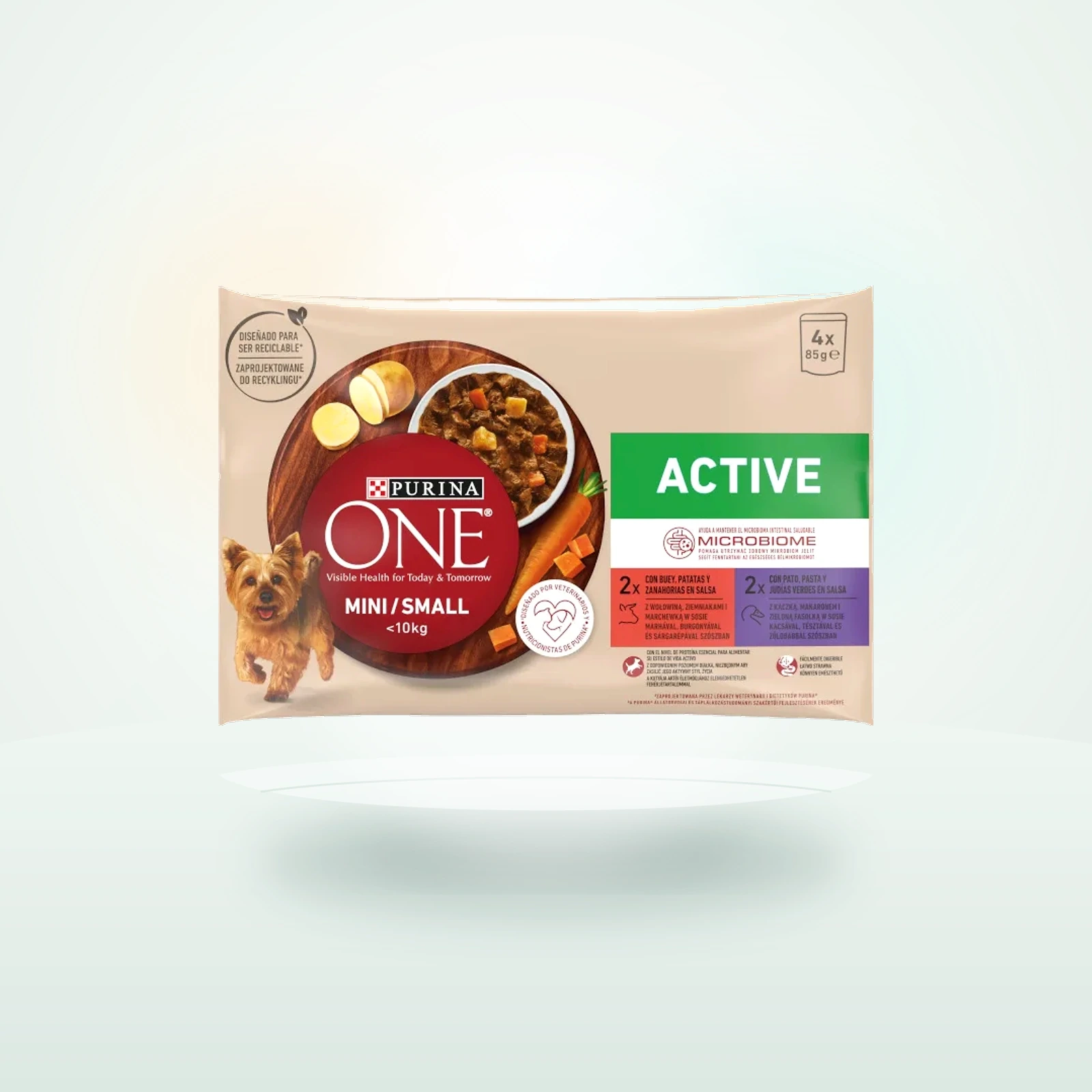 Purina One One Adult Mini Small Active Buey y Pato en Salsa sobre