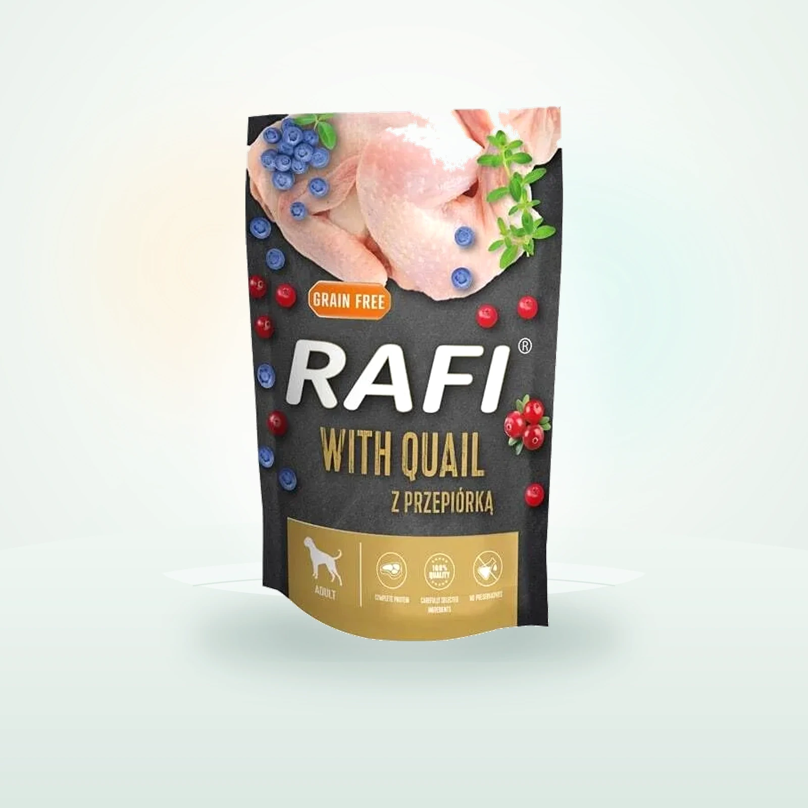 RAFI karma mokra z przepiórką, borówką i żurawiną dla psa