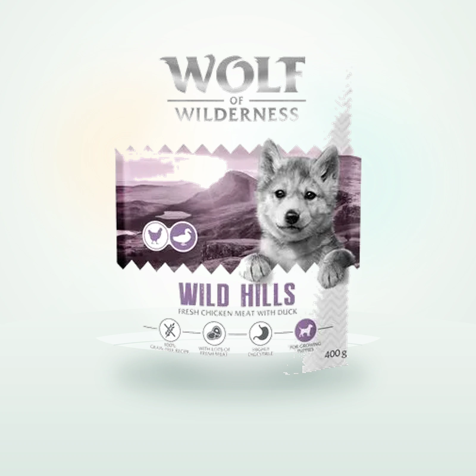 Wolf of Wilderness Junior «Wild Hills» pato, sin cereales
